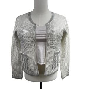 Koko + Mason Knit Cardigan Sweater L Blazer Ivory Silver Pockets Coquette Luxury